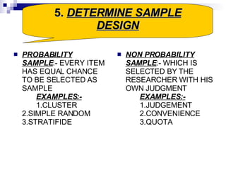 PROBABILITY SAMPLE :- EVERY ITEM HAS EQUAL CHANCE TO BE SELECTED AS SAMPLE EXAMPLES:-   1.CLUSTER 2.SIMPLE RANDOM 3.STRATIFIDE   NON PROBABILITY SAMPLE :- WHICH IS SELECTED BY THE RESEARCHER WITH HIS OWN JUDGMENT EXAMPLES:- 1.JUDGEMENT 2.CONVENIENCE 3.QUOTA 5.  DETERMINE SAMPLE DESIGN 