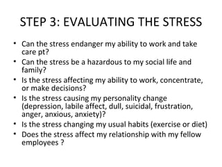 STEP 3: EVALUATING THE STRESS Can the stress endanger my ability to work and take care pt? Can the stress be a hazardous to my social life and family? Is the stress affecting my ability to work, concentrate, or make decisions? Is the stress causing my personality change (depression, labile affect, dull, suicidal, frustration, anger, anxious, anxiety)? Is the stress changing my usual habits (exercise or diet) Does the stress affect my relationship with my fellow employees ? 