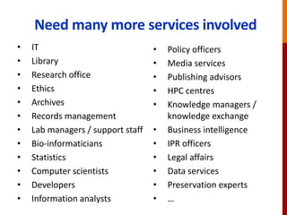 Need many more services involved
• IT
• Library
• Research office
• Ethics
• Archives
• Records management
• Lab managers / support staff
• Bio-informaticians
• Statistics
• Computer scientists
• Developers
• Information analysts
• Policy officers
• Media services
• Publishing advisors
• HPC centres
• Knowledge managers /
knowledge exchange
• Business intelligence
• IPR officers
• Legal affairs
• Data services
• Preservation experts
• …
 