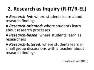 2. Research as Inquiry (R-IT/R-EL)
● Research-led: where students learn about
research findings
● Research-oriented: where students learn
about research processes
● Research-based: where students learn as
researchers
● Research-tutored: where students learn in
small group discussions with a teacher about
research findings.
                               Healey et al (2010)
 