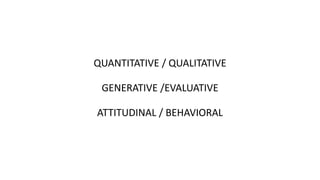 QUANTITATIVE / QUALITATIVE
GENERATIVE /EVALUATIVE
ATTITUDINAL / BEHAVIORAL
 