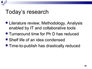 Today’s research
 Literature review, Methodology, Analysis
enabled by IT and collaborative tools
 Turnaround time for Ph D has reduced
 Shelf life of an idea condensed
 Time-to-publish has drastically reduced
25
 