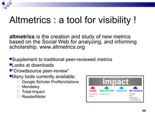 Altmetrics : a tool for visibility !
altmetrics is the creation and study of new metrics
based on the Social Web for analyzing, and informing
scholarship. www.altmetrics.org
Supplement to traditional peer-reviewed metrics
Looks at downloads
“Crowdsource peer-review”
Many tools currently available:
 Google Scholar Profile/citations
 Mendeley
 Total-Impact
 ReaderMeter
59
 