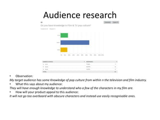 Audience research
• Observation:
My target audience has some Knowledge of pop culture from within n the television and film industry.
• What this says about my audience:
They will have enough knowledge to understand who a few of the characters in my film are.
• How will your product appeal to this audience:
It will not go too overboard with obscure characters and instead use easily recognisable ones.
 