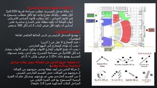 ‫المسرح‬ ‫لدخول‬ ‫الممهدة‬ ‫الفراغات‬
:
1
-
‫المسرح‬ ‫مدخل‬ ‫صالة‬
:
‫قدرها‬ ‫مساحة‬ ‫تتطلب‬
0.929
‫م‬
2
‫به‬ ‫مسموح‬ ‫متطلب‬ ‫ألقل‬ ‫لها‬ ‫واحد‬ ‫مخرج‬ ‫وكذلك‬ ، ‫مقعد‬ ‫لكل‬
‫األمريكي‬ ‫المباني‬ ‫قانون‬ ‫يتطلب‬ ‫كما‬ ، ‫المباني‬ ‫قانون‬ ‫في‬
‫على‬ ‫مباشرة‬ ‫الشارع‬ ‫على‬ ‫مطلة‬ ‫تكون‬ ‫أن‬ ‫الصالة‬ ‫أبواب‬
‫للباب‬ ‫عرض‬ ‫أقل‬ ‫يكون‬ ‫أن‬ ‫أساس‬
1.5
‫لكل‬ ‫م‬
300
‫شخص‬
‫والمخارج‬ ‫المداخل‬
:
–
‫لقاعة‬ ‫الخلفي‬ ‫الحائط‬ ‫فــى‬ ‫الرئيســى‬ ‫المـدخل‬ ‫يوضـع‬
‫المؤتمرات‬
.
–
‫عن‬ ‫تقل‬ ‫ال‬ ‫المخارج‬ ‫عدد‬
(
‫اثنين‬
)
–
‫الخارجى‬ ‫البهو‬ ‫إلى‬ ‫المخارج‬ ‫تؤدى‬ ‫أن‬ ‫يجب‬
.
–
‫بمقدار‬ ‫األبواب‬ ‫عرض‬ ‫ويكون‬ ‫األبواب‬ ‫للخارج‬ ‫األبواب‬ ‫تفتح‬ ‫أن‬ ‫يجب‬
1
‫لكل‬ ‫م‬
100
‫م‬
2
‫مستوى‬ ‫وعند‬ ،‫أدنى‬ ‫بحد‬ ‫المسرح‬ ‫مساحة‬ ‫من‬
‫بابان‬ ‫يوضع‬ ‫المسرح‬
>
1.25
‫ولكن‬ ،‫عرض‬ ‫م‬
<
1.5
‫م‬
‫مراحل‬ ‫بثالث‬ ‫تتميز‬ ‫الصالة‬ ‫من‬ ‫الناس‬ ‫خروج‬ ‫عملية‬ ‫ان‬
‫وهي‬ ‫متتالية‬ ‫اساسية‬
:
1
.
‫الصالة‬ ‫من‬ ‫خروجهم‬ ‫وحتى‬ ‫نقطة‬ ‫ابعد‬ ‫من‬ ‫الناس‬ ‫حركة‬
.
2
.
‫للمبنى‬ ‫الخارجي‬ ‫القسم‬ ‫حتى‬ ‫الصاالت‬ ‫من‬ ‫خروجهم‬
.
3
.
‫توزعهم‬ ‫ثم‬ ‫ومن‬ ‫الخارجي‬ ‫القسم‬ ‫من‬
.
‫الفترة‬ ‫ان‬ ‫عام‬ ‫وبشكل‬
‫من‬ ‫االولى‬ ‫الفترة‬ ‫في‬ ‫بها‬ ‫المسموح‬ ‫الزمنية‬
‫هي‬ ‫المذكوره‬ ‫الثالث‬ ‫المراحل‬
(
2.8
‫دقيقة‬
.)
 