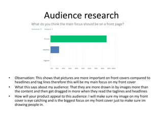 Audience research
• Observation: This shows that pictures are more important on front covers compared to
headlines and tag lines therefore this will be my main focus on my front cover
• What this says about my audience: That they are more drawn in by images more than
the content and then get dragged in more when they read the taglines and headlines
• How will your product appeal to this audience: I will make sure my image on my front
cover is eye catching and is the biggest focus on my front cover just to make sure im
drawing people in.
 