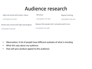 Audience research
• Observation: A lot of people have different outlooks of what is trending
• What this says about my audience:
• How will your product appeal to this audience:
 