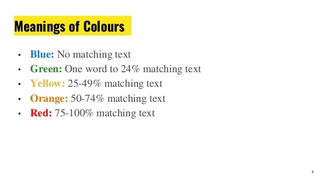 Meanings of Colours
• Blue: No matching text
• Green: One word to 24% matching text
• Yellow: 25-49% matching text
• Orange: 50-74% matching text
• Red: 75-100% matching text
4
 