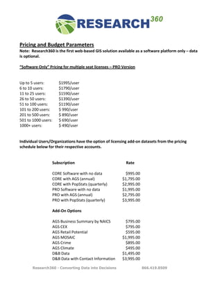  
Pricing	
  and	
  Budget	
  Parameters	
  
Note:	
  	
  Research360	
  is	
  the	
  first	
  web-­‐based	
  GIS	
  solution	
  available	
  as	
  a	
  software	
  platform	
  only	
  –	
  data	
  
is	
  optional.	
  	
  	
  
	
  
“Software	
  Only”	
  Pricing	
  for	
  multiple	
  seat	
  licenses	
  –	
  PRO	
  Version	
  
	
  
	
  
Up	
  to	
  5	
  users:	
  	
  	
         $1995/user	
  	
  
6	
  to	
  10	
  users:	
  	
   	
        $1790/user	
  
11	
  to	
  25	
  users:	
  	
            $1590/user	
  
26	
  to	
  50	
  users:	
  	
            $1390/user	
  
51	
  to	
  100	
  users:	
  	
           $1190/user	
  
101	
  to	
  200	
  users:	
  	
          $	
  990/user	
  
201	
  to	
  500	
  users:	
  	
          $	
  890/user	
  
501	
  to	
  1000	
  users:	
  	
   $	
  690/user	
  
1000+	
  users:	
  	
   	
                $	
  490/user	
  
	
  
	
  
Individual	
  Users/Organizations	
  have	
  the	
  option	
  of	
  licensing	
  add-­‐on	
  datasets	
  from	
  the	
  pricing	
  
schedule	
  below	
  for	
  their	
  respective	
  accounts.	
  
	
  
	
  
                                     Subscription	
                                    	
  	
  	
  	
  	
  	
  Rate	
  
                                     	
                                                	
  
                                     CORE	
  Software	
  with	
  no	
  data	
                                $995.00	
  
                                     CORE	
  with	
  AGS	
  (annual)	
                          $1,795.00	
  
                                     CORE	
  with	
  PopStats	
  (quarterly)	
                  $2,995.00	
  
                                     PRO	
  Software	
  with	
  no	
  data	
                    $1,995.00	
  
                                     PRO	
  with	
  AGS	
  (annual)	
                           $2,795.00	
  
                                     PRO	
  with	
  PopStats	
  (quarterly)	
                   $3,995.00	
  
                                     	
                                                                                 	
  
                                     Add-­‐On	
  Options	
                                                              	
  
                                     	
                                                                                 	
  
                                     AGS	
  Business	
  Summary	
  by	
  NAICS	
                             $795.00	
  
                                     AGS	
  CEX	
                                                            $795.00	
  
                                     AGS	
  Retail	
  Potential	
                                            $595.00	
  
                                     AGS	
  MOSAIC	
                                            $1,995.00	
  
                                     AGS	
  Crime	
                                                          $895.00	
  
                                     AGS	
  Climate	
                                                        $495.00	
  
                                     D&B	
  Data	
                                              $1,495.00	
  
                                     D&B	
  Data	
  with	
  Contact	
  Information	
   $3,995.00	
  

           Research360 - Converting Data into Decisions                                                 866.419.8509
 