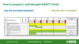 KNOWLEDGE FOR LIFE
How to prepare a well-thought GANTT Chart!
Use the provided template!
a.mashaheet@cabi.org 01227507027
...