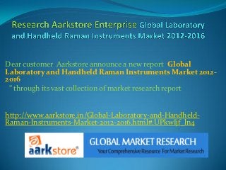 Dear customer Aarkstore announce a new report Global
Laboratory and Handheld Raman Instruments Market 2012-
2016
 “ through its vast collection of market research report


http://www.aarkstore.in/Global-Laboratory-and-Handheld-
Raman-Instruments-Market-2012-2016.html#.UPkwIjf_ln4
 
