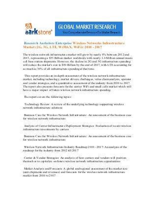 Research Aarkstore Enterprise Wireless Networks Infrastructure
Market (2G, 3G, LTE, WiMAX, WiFi): 2010 - 2017

The wireless network infrastructure market will grow by nearly 8% between 2012 and
2013, representing a $53 Billion market worldwide with nearly 1.6 Million annual macro
cell base station shipments. However, the decline in 2G and 3G infrastructure spending
will reduce the market's size to $50 Billion by the end of 2017, with LTE accounting for
as much as 36% of all infrastructure spending at that time.

 This report provides an in-depth assessment of the wireless network infrastructure
market, including technology, market drivers, challenges, value chain analysis, operator
and vendor strategies, and a quantitative assessment of the industry from 2010 to 2017.
The report also presents forecasts for the carrier WiFi and small cells market which will
have a major impact of future wireless network infrastructure spending.

The report covers the following topics:

 Technology Review: A review of the underlying technology supporting wireless
network infrastructure solutions

 Business Case for Wireless Network Infrastructure: An assessment of the business case
for wireless network infrastructure

 Analysis of Carrier Infrastructure Deployment Strategies: Evaluation of recent wireless
infrastructure investments by carriers

 Business Case for Wireless Network Infrastructure: An assessment of the business case
for wireless network infrastructure

 Wireless Network Infrastructure Industry Roadmap 2010 - 2017: An analysis of the
roadmap for the industry from 2012 till 2017

 Carrier & Vendor Strategies: An analysis of how carriers and vendors will position
themselves to capitalize on future wireless network infrastructure opportunities

 Market Analysis and Forecasts: A global and regional assessment of the market size
(unit shipments and revenues) and forecasts for the wireless network infrastructure
market from 2010 to 2017
 