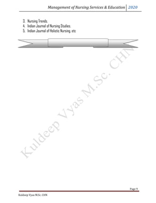 Management of Nursing Services & Education 2020
Kuldeep Vyas M.Sc. CHN
Page 9
3. Nursing Trends.
4. Indian Journal of Nursing Studies.
5. Indian Journal of Holistic Nursing. etc
 