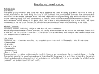 Theories we have included
Richard Dyer:
Star Theory
The terms “pop performer” and “pop star” have become the same meaning over time. However in terms of
media, they are not the same thing. The study of stars as media texts/components of media texts demands that
the distinction be made between those who are simply known for performing pop music an those who are
known for being a pop stars who have identity or persona which is not restricted solely to their musicianship.
We can relate to this theory in our production. This is due to the performance side of the video, the band
member Louis. He has a low key attitude, and we think this comes off when he is performing in the video.
Andrew Goodwin:
This theory is based on moving images in time with the beat of the music.
At the beginning of our production, we used this clearly. When we see the first part of the footsteps. The music is
in time with the beat as the footsteps touch the ground. This worked really effectively as it kept everything in time
and made it a lot more efficient.
Levi Strauss:
Playing on the conceptthat narratives are arranged around the conflict of Binary Opposites. For example:
- Good vs Evil
- Boy vs Girl
- Peace vs War
-Young vs Old
- Man vs Nature
- Strong vs Weak
Our production can relate to this opposite conflicts, however we have chosen the concept of Dream vs Reality.
This related back to the song lyrics and name “Painful Art Of Dreaming” and so it shows a clear link. The song is
about an individual who bumps into a girl and dreams a perfect life with her, when actually the whole time he
realizes it‟s just a dream and not really reality.
 