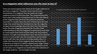 0
2
4
6
8
10
12
14
Price Colour Front cover Free gifts and competitions
In a magazine what influences you the most for you to buy it?
Series 1
There are several aspects that influence the target audience to
purchase a magazine. The graph shows that the main
characteristic of a magazine that persuades the target
audience to buy it is the front cover. This maybe because the
front cover is the centre of attention and it’s the main feature
of the magazine that will direct the audiences attention.
Especially, if a readers favourite artist is featuring as the main
image they would have the temptation to buy the magazine
and gain more knowledge about the artist than they already
know. The main image also provides the T.A with a brief
understanding on who the magazine is mainly about and what
to surely expect from future articles within the same edition.
However, free gifts and competitions were seen to be rated the
lowest as many people class this as pointless and the belief
that the gift they may receive is of cheap quality. Also, it is
visible that the price of the magazine does not have much
importance as long as it is within a decent price range. Colour
is also another feature that is taken into consideration as the
use of colour on a magazine can easily attract the attention of
the target audience ; not too bright nor dark.
In a magazine what influences you the most to buy it?
 