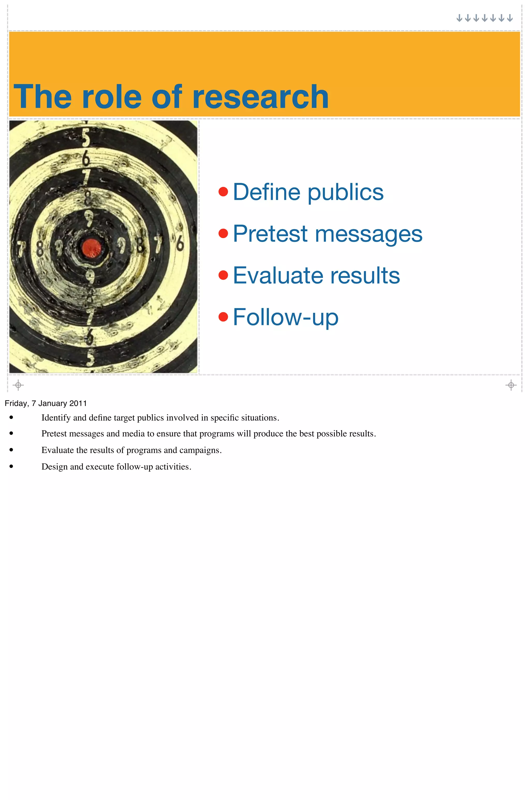 The role of research

                                                        • Deﬁne publics
                                                        • Pretest messages
                                                        • Evaluate results
                                                        • Follow-up


Friday, 7 January 2011
 •       Identify and deﬁne target publics involved in speciﬁc situations.
 •       Pretest messages and media to ensure that programs will produce the best possible results.
 •       Evaluate the results of programs and campaigns.
 •       Design and execute follow-up activities.
 