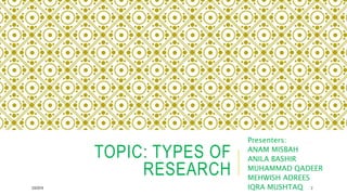TOPIC: TYPES OF
RESEARCH
Presenters:
ANAM MISBAH
ANILA BASHIR
MUHAMMAD QADEER
MEHWISH ADREES
IQRA MUSHTAQ2/5/2019 2
 