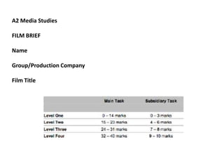 A2 Media Studies

FILM BRIEF

Name

Group/Production Company

Film Title
 