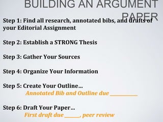 BUILDING AN ARGUMENT
PAPERStep 1: Find all research, annotated bibs, and drafts of
your Editorial Assignment
Step 2: Establish a STRONG Thesis
Step 3: Gather Your Sources
Step 4: Organize Your Information
Step 5: Create Your Outline…
Annotated Bib and Outline due _____________
Step 6: Draft Your Paper…
First draft due _______, peer review
 