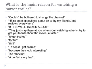 What is the main reason for watching a
horror trailer?

   “Couldn't be bothered to change the channel”
   ““If it's been speculated about on tv, by my friends, and
    reviews everywhere”
   “If IT IS WELL TALKED ABOUT”
   “They just slap them at you when your watching adverts, try to
    get you to talk about the movie, a taster”.
   “to get scared”
   “for fun”
   “thrill”
   “To see if I get scared”
   “because they look interesting”
   The storyline”
   “A perfect story line”.
 