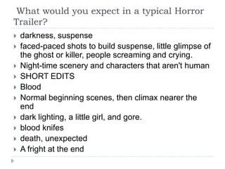 What would you expect in a typical Horror
Trailer?
   darkness, suspense
   faced-paced shots to build suspense, little glimpse of
    the ghost or killer, people screaming and crying.
   Night-time scenery and characters that aren't human
   SHORT EDITS
   Blood
   Normal beginning scenes, then climax nearer the
    end
   dark lighting, a little girl, and gore.
   blood knifes
   death, unexpected
   A fright at the end
 