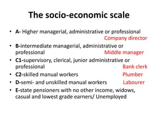 The socio-economic scale
• A- Higher managerial, administrative or professional
Company director
• B-intermediate managerial, administrative or
professional Middle manager
• C1-supervisory, clerical, junior administrative or
professional Bank clerk
• C2-skilled manual workers Plumber
• D-semi- and unskilled manual workers Labourer
• E-state pensioners with no other income, widows,
casual and lowest grade earners/ Unemployed
 
