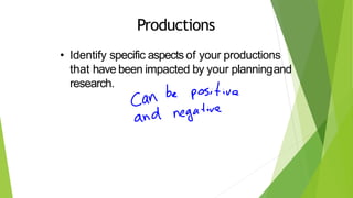 • Identify specific aspects of your productions
that have been impacted by your planningand
research.
Productions
 