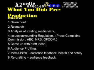 What You Did: Pre-
ProductionResearch
1.Given brief.
2.Research
3.Analysis of existing media texts.
4.Issues surrounding Regulation. (Press Complains
Commission, ABC, NRS, OFCOM.)
5.Came up with draft ideas.
6.Audience Profiling.
7.Media Pitch – audience feedback, health and safety
8.Re-drafting – audience feedback.
 