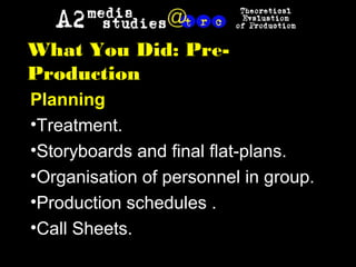 What You Did: Pre-
Production
Planning
•Treatment.
•Storyboards and final flat-plans.
•Organisation of personnel in group.
•Production schedules .
•Call Sheets.
 
