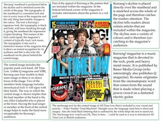 ‘Kerrang’ masthead is positioned below
the skyline and is stretched across the
whole of the page. The typography of
the masthead is a consistent font and
size in every issue of the magazine and
the only thing that notably changes is
the colour. The font is Kerrang’s
signature look, the typography is black
and bold, with lines streaking through
it, giving the masthead the impression
of glass breaking. This feature of the
font could signify the magazine’s
content of typically loud, rock music.
The typography is also such a
distinctive feature of the magazine that
it allows an instant recognition by its
audience and this is also why the
masthead can be placed behind the
central image.
Kerrang! magazine is a music
magazine that is devoted to
the rock, punk and heavy
metal music. It is published by
Bauer Media Group (who
interestingly also publishes Q
magazine). Its name originates
from the onomatopoeic word
that comes from the sound
that is made when playing a
power crowd on a distorted
electric guitar.
Kerrang’s skyline is placed
directly over the masthead and
is stretched across the whole of
the page and therefore catches
the readers attention. The
skyline tells readers about
certain articles that are
included within the magazine.
The skyline uses a variety of
colours and is therefore eye-
catching to the magazine’s
audiences.
The anchorage text for the central image of All Time Low that is included is very visual and
punchy – ‘Puke! Nudity! Total Mayhem!’. Straight away the language used here is short and
snappy. Also the bold black lettering that is outlined by the white helps the text to stand out.
The Anchorage text ‘watch out UK, They’re here…’ could be used as a way to introduced All
Time Low to British audiences.
The central image includes the
popular punk rock band, All Time
Low. Unlike Q magazine and VIBE,
Kerrang uses four models in their
main image so there is no direct
focus of the image. Two of the
members body language includes
stereotypical rock 'n' roll signs with
their hands. The way in which the
central image is shown implies that
the lead member of the band is the
one (Alex Gaskarth) who is placed
at the front. Having the lead singer
or member at the front of the central
image helps to make the band more
recognisable for Kerrang’s
audiences.
Part of the appeal of Kerrang is the posters that
are included within the magazine. In the
bottom left hand corner of the magazine it
includes information about the posters in a red
puff.
 