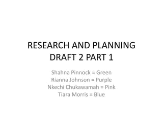 RESEARCH AND PLANNING
    DRAFT 2 PART 1
    Shahna Pinnock = Green
    Rianna Johnson = Purple
   Nkechi Chukawamah = Pink
       Tiara Morris = Blue
 
