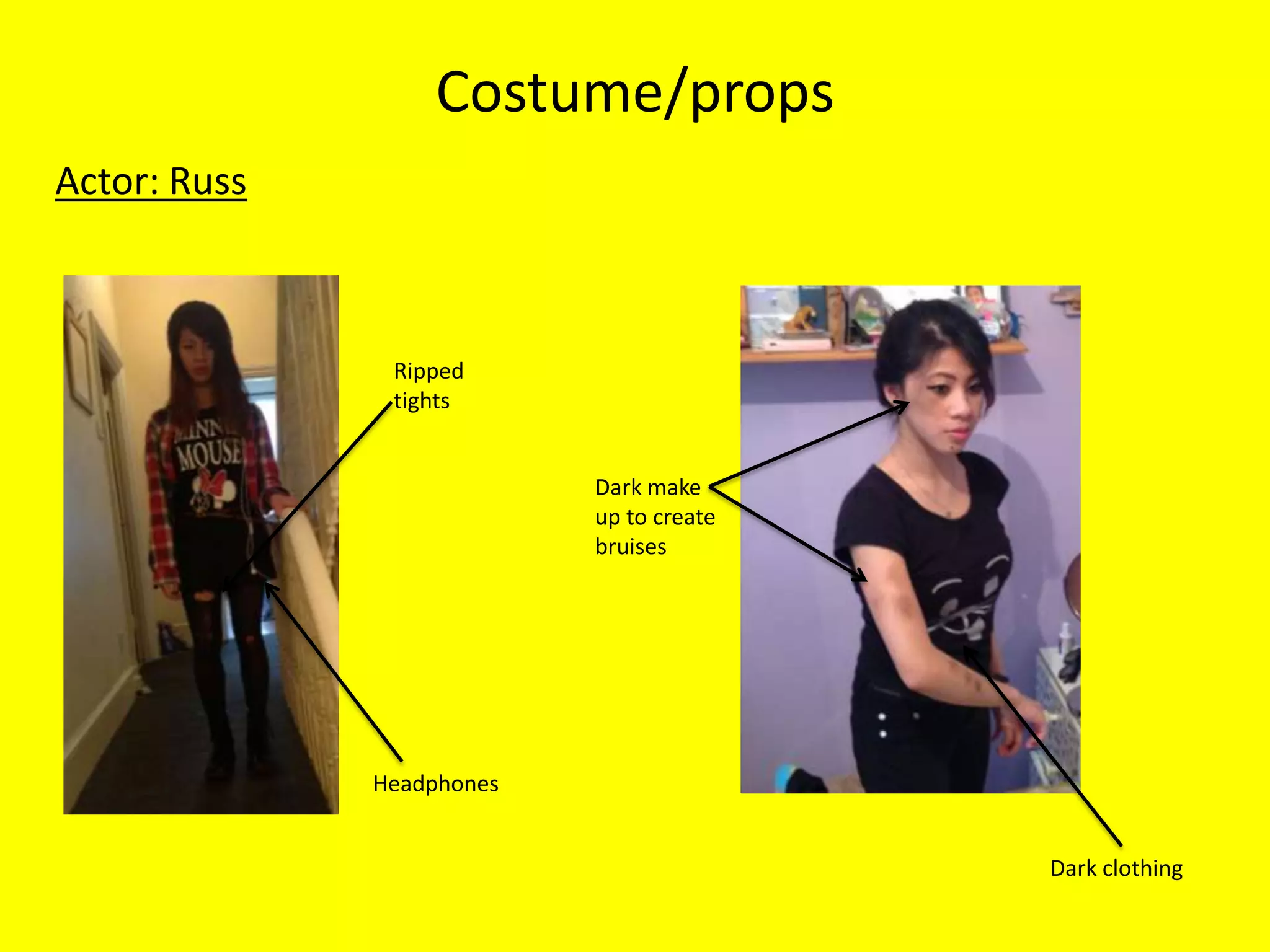 Costume/props
Actor: Russ



               Ripped
               tights


                           Dark make
                           up to create
                           bruises




              Headphones


                                          Dark clothing
 
