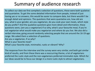 Summary of audience research
To collect our data we first compiled a selection of questions, these were both qualative
and quantative. To get the some detailed information from people, instead of just
having yes or no answers, this would be easier to compare data, but there wouldn’t be
enough detail and opinions. The questions that were quantative are, how old are
you, what is your gender, are you vegetarian, do you cook your own meals, which style
do you prefer? And the qualative questions give more detail and information, these
questions were, (are you a vegetarian) if so why, what’s your favourite meal, if you’re
not vegetarian what would make you vegetarian and where do you live. We also did a
verbal interview, going around randomly selecting people that are around the 16-19 age
range. We asked them a selection of questions.
Are you a vegetarian, if so why?
What is your favorite meal?
What’s your favorite style, minimalist, rustic or vibrant? Why?
The response from the interview and the survey were very similar, and both got similar
kind of results, and from these there was a reoccurring theme, a lot of vegetarians
preferred the rustic style and the non-vegetarians preferred minimalist style. Which for
our ideas would be to focus our design in a more rustic style to attract vegetarians.
 