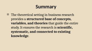 Summary
 The theoretical setting in business research
provides a structured base of concepts,
variables, and theories that guide the entire
study. It ensures the research is scientific,
systematic, and connected to existing
knowledge.
 
