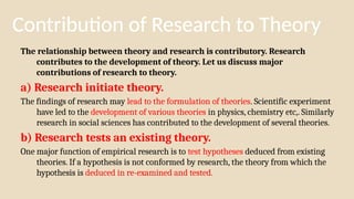 Contribution of Research to Theory
The relationship between theory and research is contributory. Research
contributes to the development of theory. Let us discuss major
contributions of research to theory.
a) Research initiate theory.
The findings of research may lead to the formulation of theories. Scientific experiment
have led to the development of various theories in physics, chemistry etc,. Similarly
research in social sciences has contributed to the development of several theories.
b) Research tests an existing theory.
One major function of empirical research is to test hypotheses deduced from existing
theories. If a hypothesis is not conformed by research, the theory from which the
hypothesis is deduced in re-examined and tested.
 