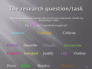 Does the question your teacher asks you in your assignment, contain any
                             instructional verbs?

               E.g.   list the 5 ingredients in apple pie
  Analyse                    Contrast               Criticise


Define        Describe            Discuss             Enumerate

Explain       Interpret           Justify          List       Outline


Prove      Relate            Resolve               Review                  10
 