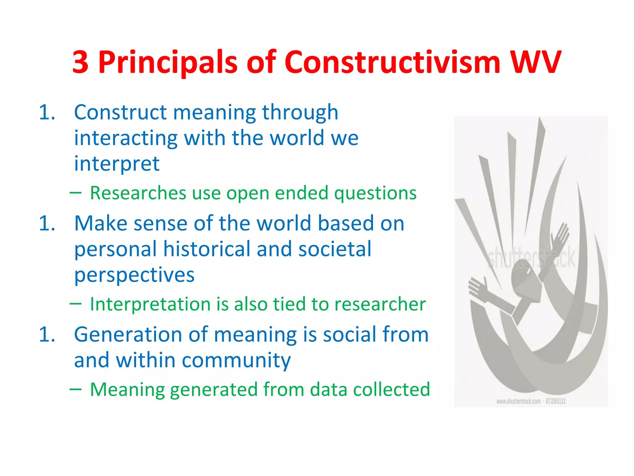 3 Principals of Constructivism WV
1. Construct meaning through
interacting with the world we
interpret
– Researches use open ended questions
1. Make sense of the world based on
personal historical and societal
perspectives
– Interpretation is also tied to researcher
1. Generation of meaning is social from
and within community
– Meaning generated from data collected
 