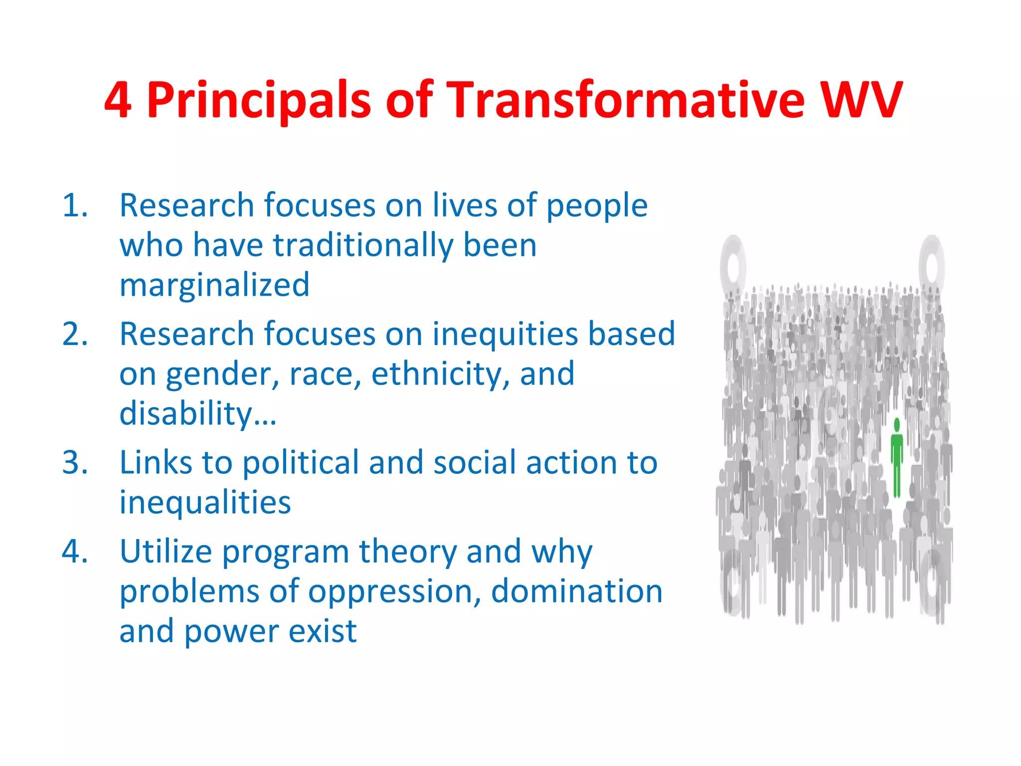 4 Principals of Transformative WV
1. Research focuses on lives of people
who have traditionally been
marginalized
2. Research focuses on inequities based
on gender, race, ethnicity, and
disability…
3. Links to political and social action to
inequalities
4. Utilize program theory and why
problems of oppression, domination
and power exist
 