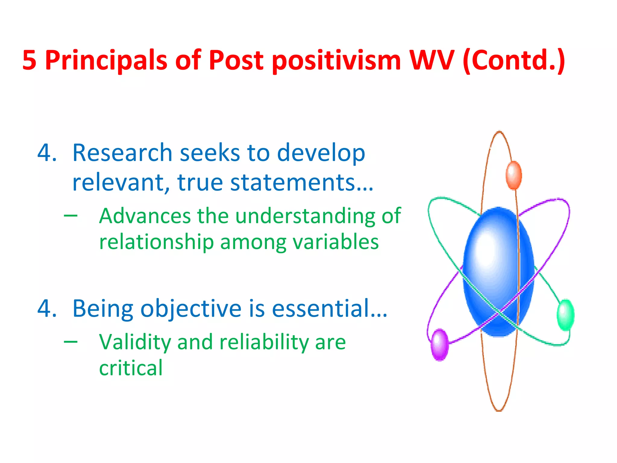 5 Principals of Post positivism WV (Contd.)
4. Research seeks to develop
relevant, true statements…
– Advances the understanding of
relationship among variables
4. Being objective is essential…
– Validity and reliability are
critical
 