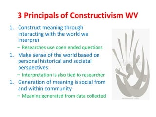 3 Principals of Constructivism WV
1. Construct meaning through
interacting with the world we
interpret
– Researches use open ended questions
1. Make sense of the world based on
personal historical and societal
perspectives
– Interpretation is also tied to researcher
1. Generation of meaning is social from
and within community
– Meaning generated from data collected
 