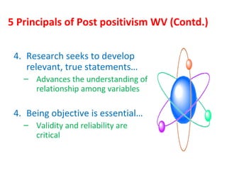 5 Principals of Post positivism WV (Contd.)
4. Research seeks to develop
relevant, true statements…
– Advances the understanding of
relationship among variables
4. Being objective is essential…
– Validity and reliability are
critical
 