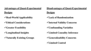 Advantages of Quasi-Experimental
Designs
Real-World Applicability
Ethical Considerations
Greater Feasibility
Longitudinal Insights
Naturally Existing Groups
Disadvantages of Quasi-Experimental
Designs
Lack of Randomization
Internal Validity Concerns
Confounding Variables
Limited Causality Inference
Generalizability Concerns
Limited Control
 
