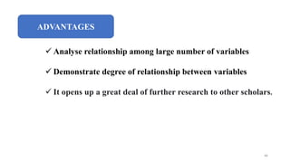 ADVANTAGES
 Analyse relationship among large number of variables
 Demonstrate degree of relationship between variables
 It opens up a great deal of further research to other scholars.
46
 
