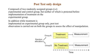 Post Test only design
Composed of two randomly assigned groups (i.e)
experimental and control group, but neither of which is pretested before
implementation of treatment on the
experimental group.
In addition while treatment is
implemented on experimental group only, post test
observation is carried out on both the groups to assess the effect of manipulation.
 