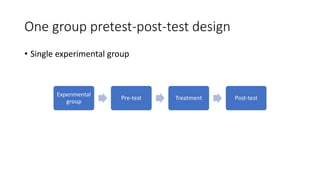 One group pretest-post-test design
• Single experimental group
Experimental
group
Pre-test Treatment Post-test
 