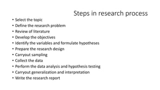 Steps in research process
• Select the topic
• Define the research problem
• Review of literature
• Develop the objectives
• Identify the variables and formulate hypotheses
• Prepare the research design
• Carryout sampling
• Collect the data
• Perform the data analysis and hypothesis testing
• Carryout generalization and interpretation
• Write the research report
 