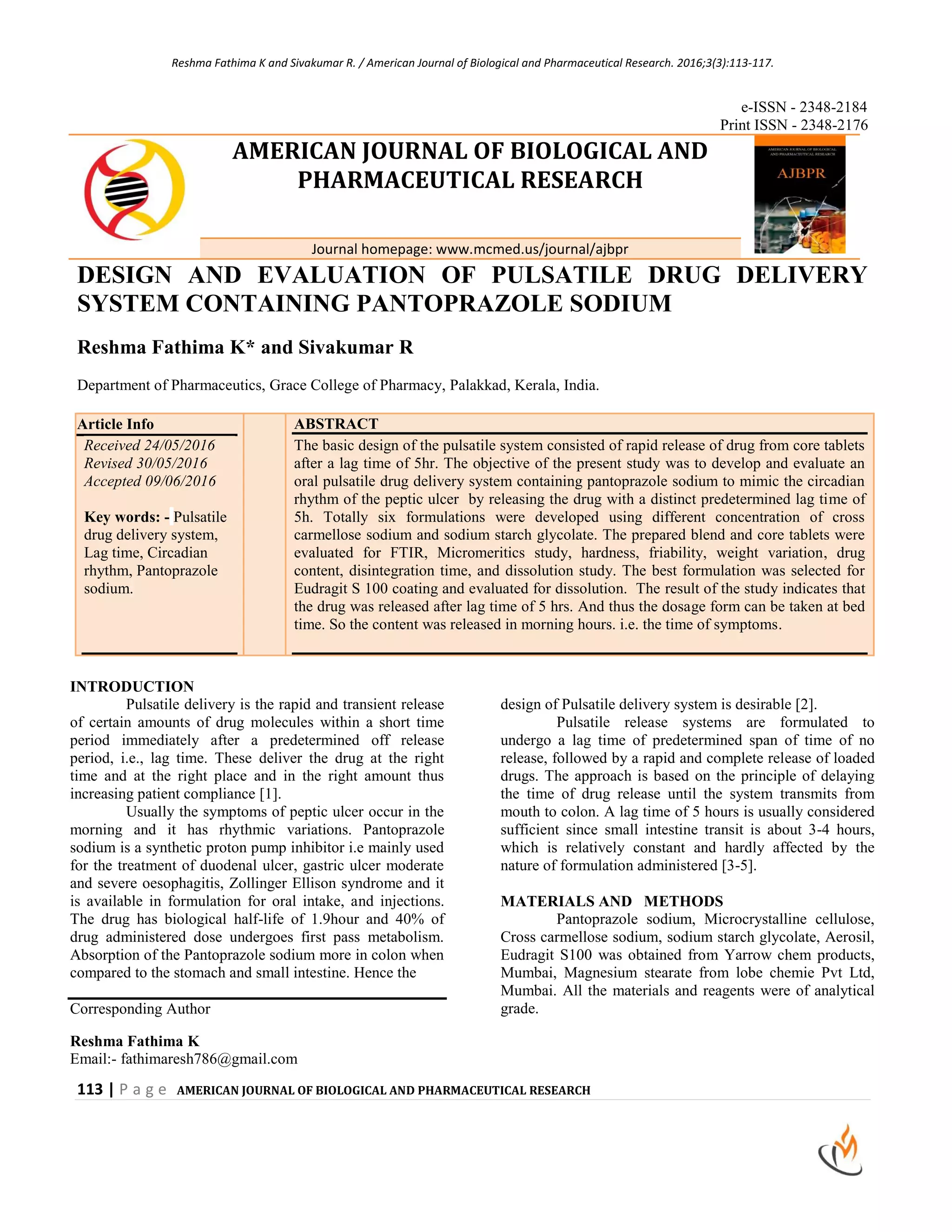 DESIGN AND EVALUATION OF PULSATILE DRUG DELIVERY SYSTEM CONTAINING ...