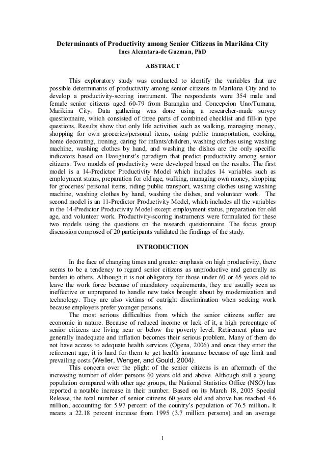 Thesis Essay Example Determinants Of Productivity Among Senior Citizens In Marikina City Ines Environmental Science Essays also Research Essay Proposal Sample Determinants Of Productivity Among Senior Citizens Learning English Essay Writing
