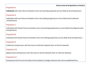 Discuss how all propositions arrived at
Proposition 5
Individuals with near future orientation and a risk averting propensity are less likely to be entrepreneurs.

Proposition 6
Individuals with near future orientation and a risk seeking propensity are more likely to be Craftsman
 entrepreneurs.

Proposition 7
Individuals with distant future orientation and a risk averting propensity are more likely to be Opportunistic
entrepreneurs.

Proposition 8
Individuals with distant future orientation and a risk seeking propensity are less likely to be entrepreneurs.

Proposition 9
Craftsman entrepreneurs will rely more on informal networks than on formal networks.

Proposition 10
Opportunistic entrepreneurs will rely more on formal networks than on informal networks.

Proposition 11
Entrepreneurial firma are less likely to be involved in strategic alliances than more established firms.
 