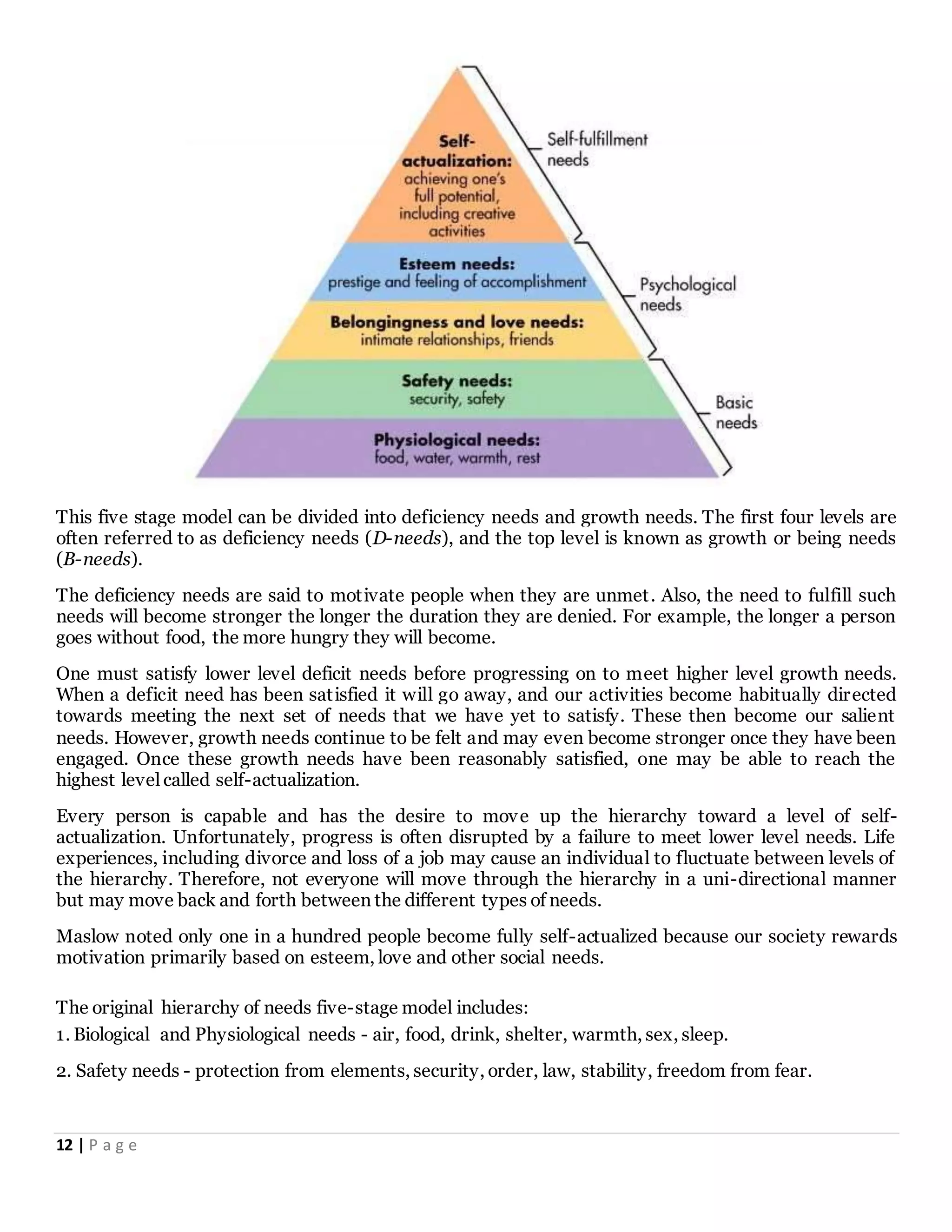12 | P a g e
This five stage model can be divided into deficiency needs and growth needs. The first four levels are
often referred to as deficiency needs (D-needs), and the top level is known as growth or being needs
(B-needs).
The deficiency needs are said to motivate people when they are unmet. Also, the need to fulfill such
needs will become stronger the longer the duration they are denied. For example, the longer a person
goes without food, the more hungry they will become.
One must satisfy lower level deficit needs before progressing on to meet higher level growth needs.
When a deficit need has been satisfied it will go away, and our activities become habitually directed
towards meeting the next set of needs that we have yet to satisfy. These then become our salient
needs. However, growth needs continue to be felt and may even become stronger once they have been
engaged. Once these growth needs have been reasonably satisfied, one may be able to reach the
highest level called self-actualization.
Every person is capable and has the desire to move up the hierarchy toward a level of self-
actualization. Unfortunately, progress is often disrupted by a failure to meet lower level needs. Life
experiences, including divorce and loss of a job may cause an individual to fluctuate between levels of
the hierarchy. Therefore, not everyone will move through the hierarchy in a uni-directional manner
but may move back and forth between the different types of needs.
Maslow noted only one in a hundred people become fully self-actualized because our society rewards
motivation primarily based on esteem, love and other social needs.
The original hierarchy of needs five-stage model includes:
1. Biological and Physiological needs - air, food, drink, shelter, warmth, sex, sleep.
2. Safety needs - protection from elements, security, order, law, stability, freedom from fear.
 